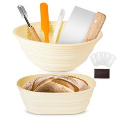 two bowls filled with bread, knives and spatulas on top of each other