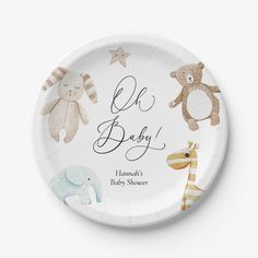 a paper plate with an elephant, giraffe and zebra on it that says be baby