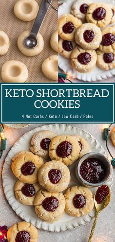 keto shortbread cookies on a white plate with jam in the middle and an image of