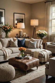 a living room filled with lots of furniture and flowers on top of a coffee table