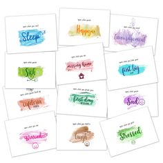 six watercolor cards with different sayings