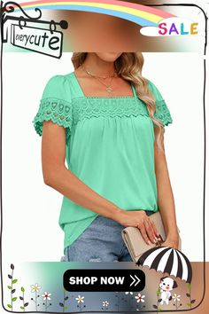 Grass Green Square Neck Splicing Lace Short Sleeve Tops Green Spliced Tops For Spring, Lace Short Sleeve Top, Green Square, Lace Short, Short Sleeve Tops, Grass Green, Green Grass, Women Tops, Square Neck