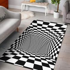 a black and white area rug with a checkered design on the floor in a living room