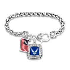 us-air-force-bracelet-square-crystal-with-flag-accent Usmc Mom, Marine Jewelry, Broken Arrow Oklahoma, Navy Bracelet, Navy Jewelry, Air Force Veteran, Navy Mom, Square Crystal, Silver Cleaner