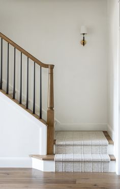 Half Wall Staircase, Ali Henrie, White Stair Risers, Cottage Stairs, Interior Stair Railing, Small Staircase, Modern Stair Railing, White Oak Hardwood Floors, Staircase Makeover