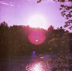 a red frisbee floating on top of a lake surrounded by trees under a purple sky