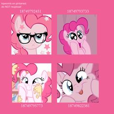 pinkie pies are shown in four different pictures