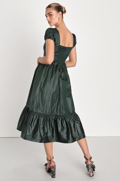 You'll show up looking stunning to any event Lulus Surely Chic Emerald Puff Sleeve Corset Midi Dress With Pockets! Sleek and shiny woven taffeta creates an elegant square neckline, a corset-seamed bodice, and short puff sleeves with elastic cuffs. Basque waist tops a twirl-ready midi skirt with side seam pockets and a ruffled tiered hem. Hidden back zipper/clasp. Fit: This garment fits true to size. Length: Mid-calf length. Size medium measures 47" from shoulder to hem. Bust: Great for any cup s Corset Ruffle Dress, Midi Dress With Pockets, Corset Midi Dress, Latest Fashion Dresses, Lulu Fashion, Women Best, Online Dress Shopping, Dress With Pockets, Corset Dress