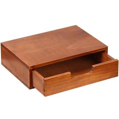 a wooden box with two drawers on the bottom and one drawer open to show its contents