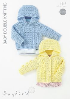 two knitted sweaters, one in blue and the other in yellow are shown