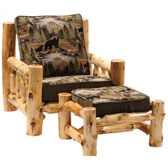 a chair and ottoman made out of logs with a bear design on the backrest