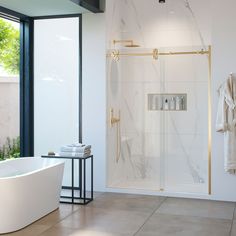 Instantly upgrade your bathroom with a modern urban style with the Sydney sliding glass alcove shower door from OVE Decors. Double luxury polished roller hardware and contemporary thick handles grace this shower enclosure with durable, easy glide tempered glass panels for a smooth and quiet opening and closing. Plus it's easy to install, and can be placed with either a right or left entry setup. The Sydney collection is available in both 48-in, 60-in and 72-in widths, and in 4 distinct finishes Gold Shower Door, Shower Door Installation, Shower Sliding Glass Door, Modern Urban Style, Hamptons Style Homes, Guest Bathroom Remodel, Frameless Sliding Shower Doors, Gold Shower, Sliding Shower Door