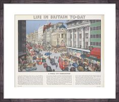 a painting of a busy city street with cars and buses on it's sides