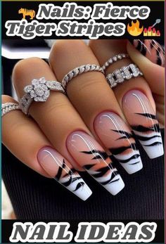 Perfect Valentines nails are an important component of your flawless holiday look. Use our ideas and guides of Valentines Day nails! Tiger Nails Designs, Wild Nail Art, Tiger Print Nails, Nerd Nails, Zebra Stripe Nails, Tiger Stripe Nails, Tiger Nail Art, Ballerina Acrylic Nails, Cheetah Nail Designs