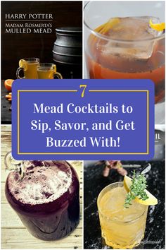 Collage of 4 mead cocktails. Honey Mead, Cocktail Ideas, Mixed Drinks Recipes, Gin Cocktails, Sweet And Savory