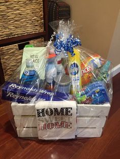 a basket filled with personal care items on top of a wooden floor