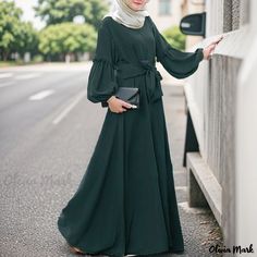 Olivia Mark - Elegant Solid Color Long-Sleeve Maxi Dress with Ruffled Hem Green Chiffon Long Sleeve Maxi Dress, Green Long Sleeve Chiffon Dress, Long Sleeve Green Chiffon Dress, Green Chiffon Long Sleeve Dress, Green Billowy Maxi Dress, Green Chiffon Maxi Dress For Fall, Billowy Long Sleeve Chiffon Maxi Dress, Billowy Chiffon Maxi Dress With Long Sleeves, Green Long Sleeve Dress With Ruffle Hem