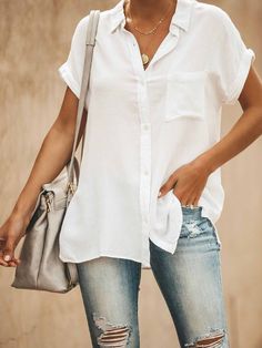 Casual Short Sleeve Collared Tops Solid Color Shirts With Pocket Pocket Blouse, Half Sleeve Blouse, Solid Color Shirt, Linen Blouse, White Shirts, Casual Blouse, Long Sleeve Casual, Short Sleeve Blouse, Vintage Shirts