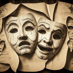 three masks with faces drawn on them sitting in front of an old sheet of paper