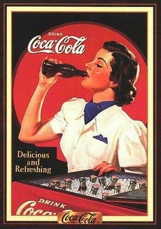 an advertisement for coca cola featuring a woman drinking from a coke bottle in front of a record player