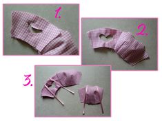 four pictures showing how to make an origami doll's hair bow with scissors