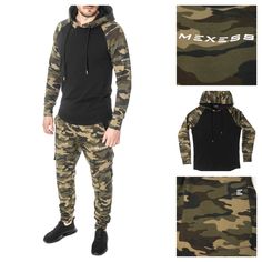 This camouflage tracksuit set is made of high quality stretch fabric, which gives a feeling of softness and comfort while wearing it. The hoodie has a camo sleeves and curved hem. It can be worn separately with jeans, pants, shorts or as a full suit. The design of the bottom is inspired by the "urban fashion". The trousers end with a cuff, there are two big side Cargo pockets placed in a diagonal position for better effect. The bottom is a slim but comfy fit. Camouflage Suit, Suit Design, Suit Designs