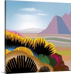 an abstract painting of sunflowers and mountains