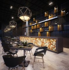 an empty restaurant with tables and chairs in front of a wall made of wood logs