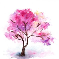 a watercolor painting of a pink tree