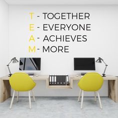 there are two desks with computers on them in front of a wall that says, together everyone achieve more