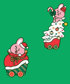 two cartoon animals are riding on top of cupcakes and one is holding a candy cane