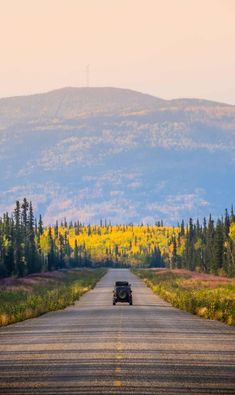 an old car is driving down the road in front of some trees and mountains with yellow flowers