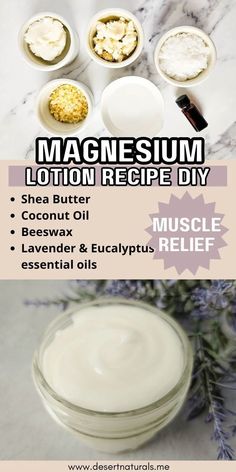 bowls of shea butter, beeswax, coconut oil and essential oils to make homemade diy magnesium lotion recipe for muscle relief Diy Magnesium Lotion, Magnesium Lotion Recipe, Magnesium Butter, Homemade Lotion Recipe, Sore Muscle Relief, Homemade Skincare, Sore Muscle, Magnesium Lotion, Muscle Cramps