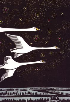 two white birds flying through the night sky