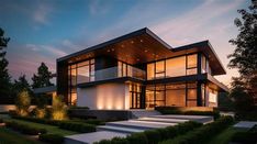 a modern house with stairs leading up to the upper floor and large windows at night