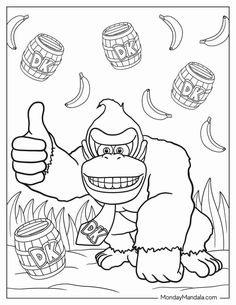 a gorilla holding a beer and giving thumbs up in front of barrels with bananas around it