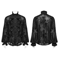 Crafted with meticulous attention to detail, this Men's Gothic Stand Collar Ruffled Lace Shirt is a stunning representation of gothic elegance and romance. Made from high-quality mesh lining and delicate embroidery lace, the shirt exudes a sense of luxury and sophistication. 
 
The standout feature of this shirt is its exquisite stand collar with ruffle detailing, adding a touch of Victorian-inspired charm and drama. The ruffles cascade gracefully down the front of the shirt, creating a visually Black Lace Shirt, Plus Size Goth, Goth Guys, Steampunk Fashion Male, Gothic Skirts, Black Goth, Embroidered Lace Fabric, Lace Ruffle, Lace Shirt