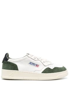 white/dark green/black calf leather panelled design perforated detailing logo patch at the tongue contrasting branded heel counter round toe front lace-up fastening branded insole flat rubber sole Autry Sneakers, Detailing Logo, Green Suede, Sneaker Wedge, Low Sneakers, Sneakers White, Mens Shoes Sneakers, Black Heels, White Leather