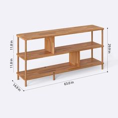 a wooden shelf with two shelves on each side and measurements for each shelf below it