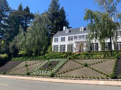 a large white house sitting on the side of a road next to a lush green forest