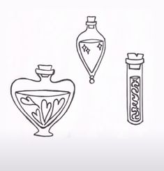 an image of three bottles and a vase on a white background with the words love written in black ink