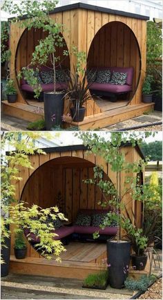 two pictures of the outside of a wooden structure with plants growing out of it and on top