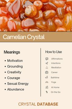 an orange and white flyer with words describing the benefits of caramel in crystal crystals