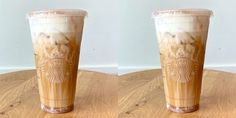 two shots of iced coffee on a wooden table