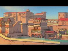 an animated image of a city with lots of buildings and people on the roof top