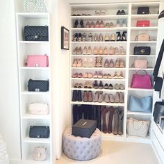 a closet filled with lots of shoes and handbags