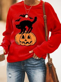 Halloween Casual Long Sleeve Sweatshirt Red Casual Hoodie For Halloween, Casual Red Hoodie For Halloween, Fall Cartoon Print Crew Neck Hoodie, Fall Crew Neck Hoodie With Cartoon Print, Red Crew Neck Halloween Hoodie, Red Crew Neck Hoodie For Halloween, Red Cartoon Print Sweatshirt For Fall, Orange Crew Neck Hoodie For Fall, Spooky Long Sleeve T-shirt For Winter