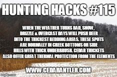 the words hunting hacks are in front of a snowy field