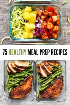 healthy meal prepped in glass containers with text overlay