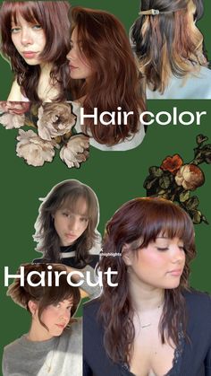 Collage with several cutouts of women with reddish-brown hair colors, and haircuts that mostly consist of shag cuts with bangs, the background color is green and behind some of the cutouts there are floral decorations. Text says “hair color” and “haircut” Hair Inspo, Hair Color, Hair Cuts, Collage, Hair, Color, Hair Colour